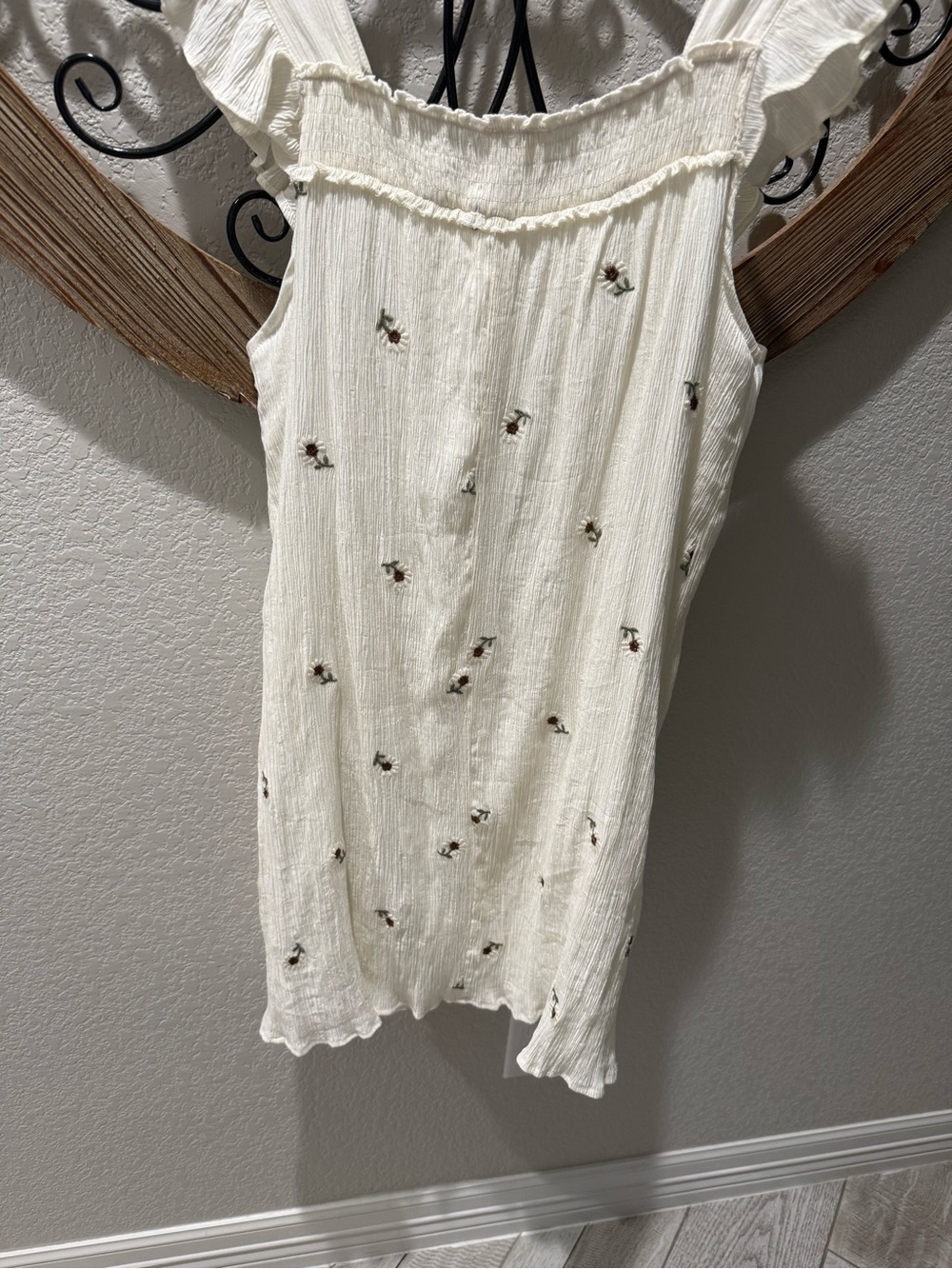 Hem & Thread Cream Embroidered Ruffle Shoulder Tank
